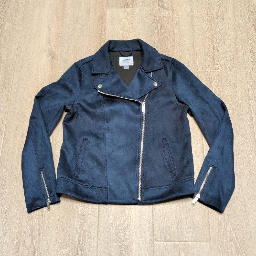 Old Navy Moto Jacket Womens Medium Navy Blue Good‎ Faux Suede Asymmetric Zip
